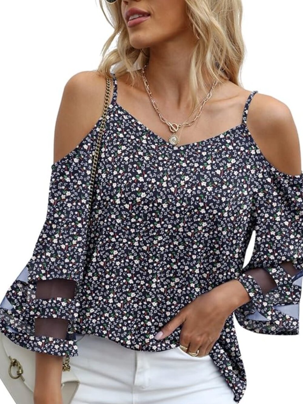 Womens V-Neck, Cold Shoulder Blouse with Straps - Navy Blue - Flower Pattern - X